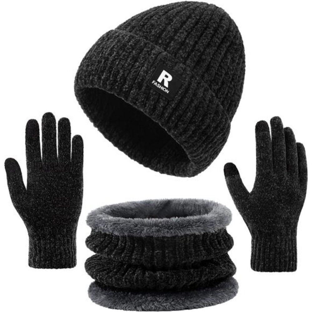 Winter Beanie Hat Circle Scarf Gloves Set Unisex, Thick Warm Chenille